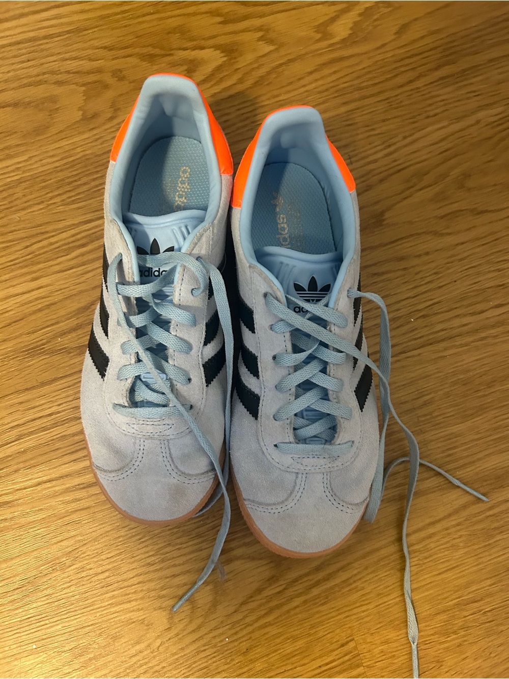 adidas Pale Blue Suede Sneakers with Black Stripes and Orange Heel